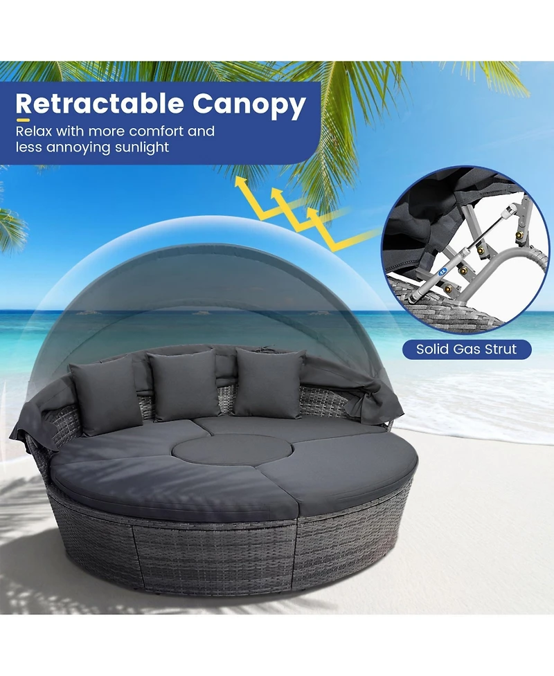 Sugift Outdoor Pe Wicker Round Daybed with Retractable Canopy Cushions and Lift Table