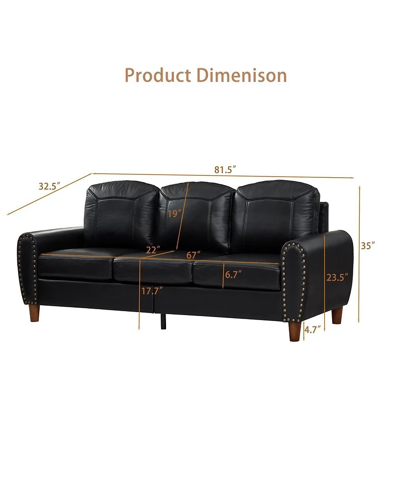 Streamdale Furniture 81.5" Classic Faux Leather Rolled Arm Sofa with Solid Wood Legs