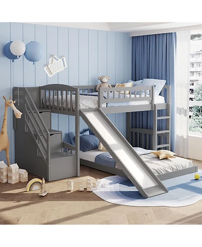 Streamdale Furniture Twin over Twin Bunk Bed with Slide and Two Drawers