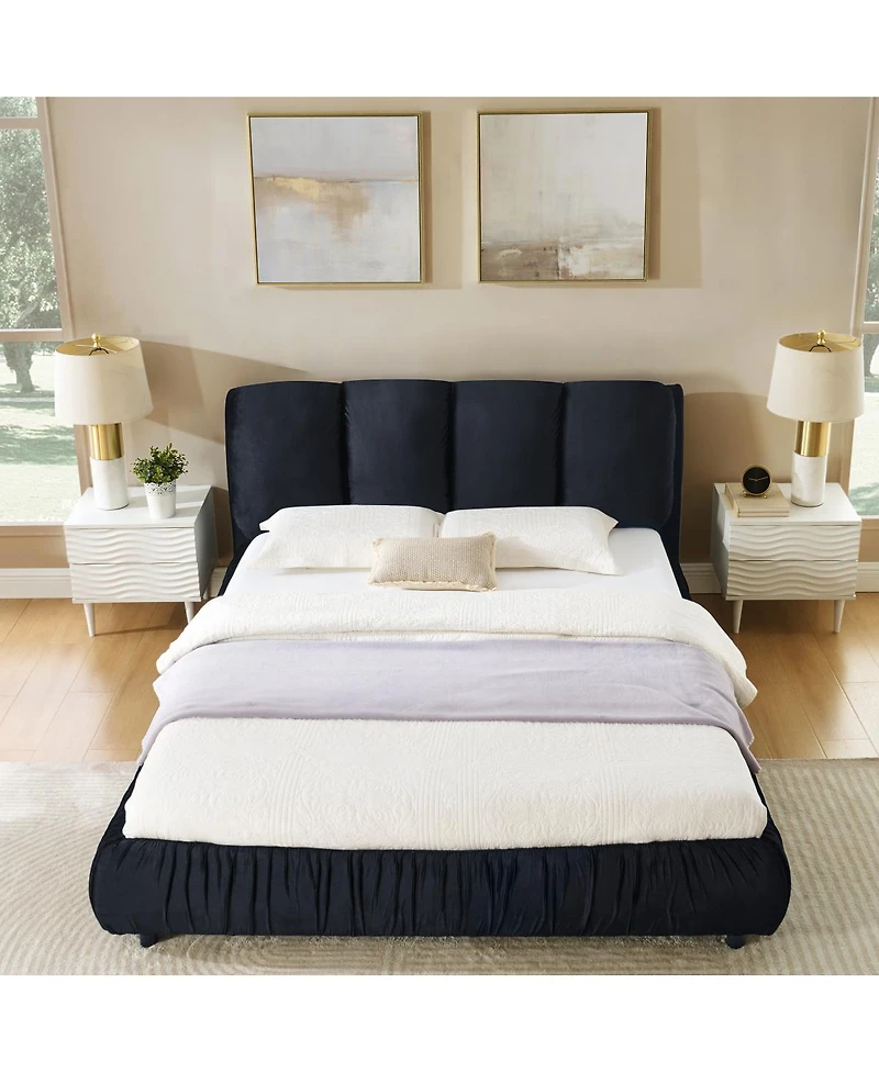 Streamdale Furniture Queen Size Upholstered Bed Frame with Segmented Velvet Headboard