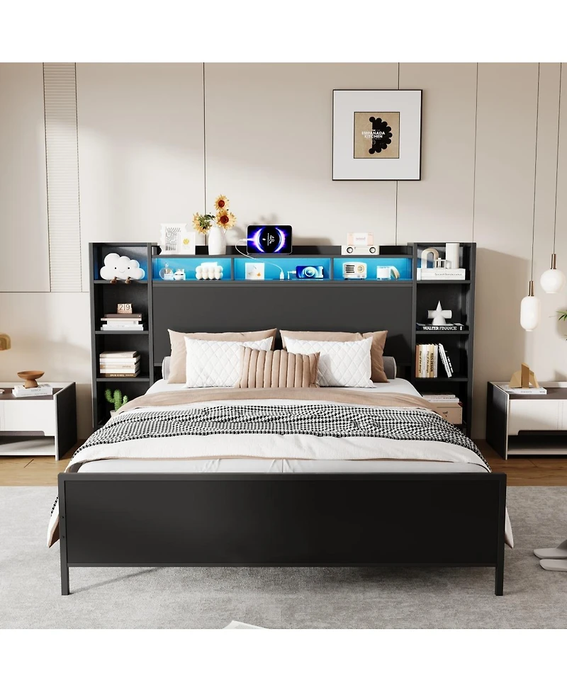 Streamdale Furniture Queen Bed Frame with Led Headboard, Usb Ports and Storage