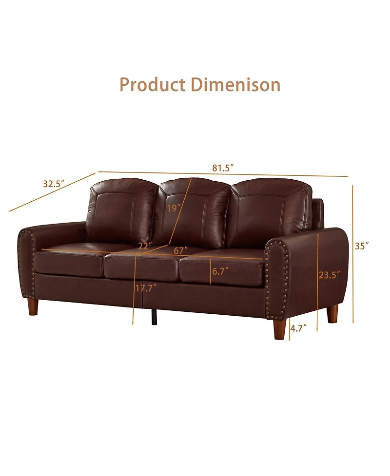 Streamdale Furniture 81.5" Classic Faux Leather Rolled Arm Sofa with Nailhead Trim