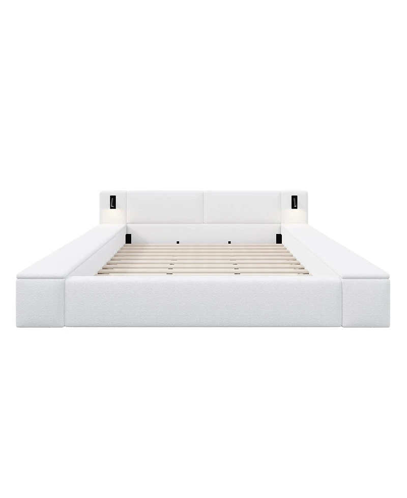 Streamdale Furniture King Size Teddy Fleece Platform Bed with Hidden Storage, Nightstands and Led Lights