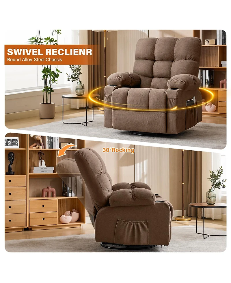 Streamdale Furniture Oversized Swivel Massage Recliner with Heat, Usb Port, and Cup Holder