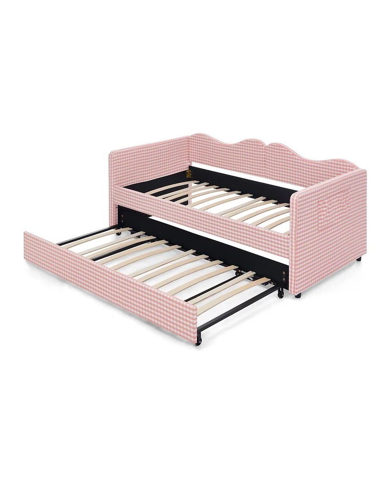 Streamdale Furniture Gingham Upholstered Twin Daybed with Trundle and Side Storage