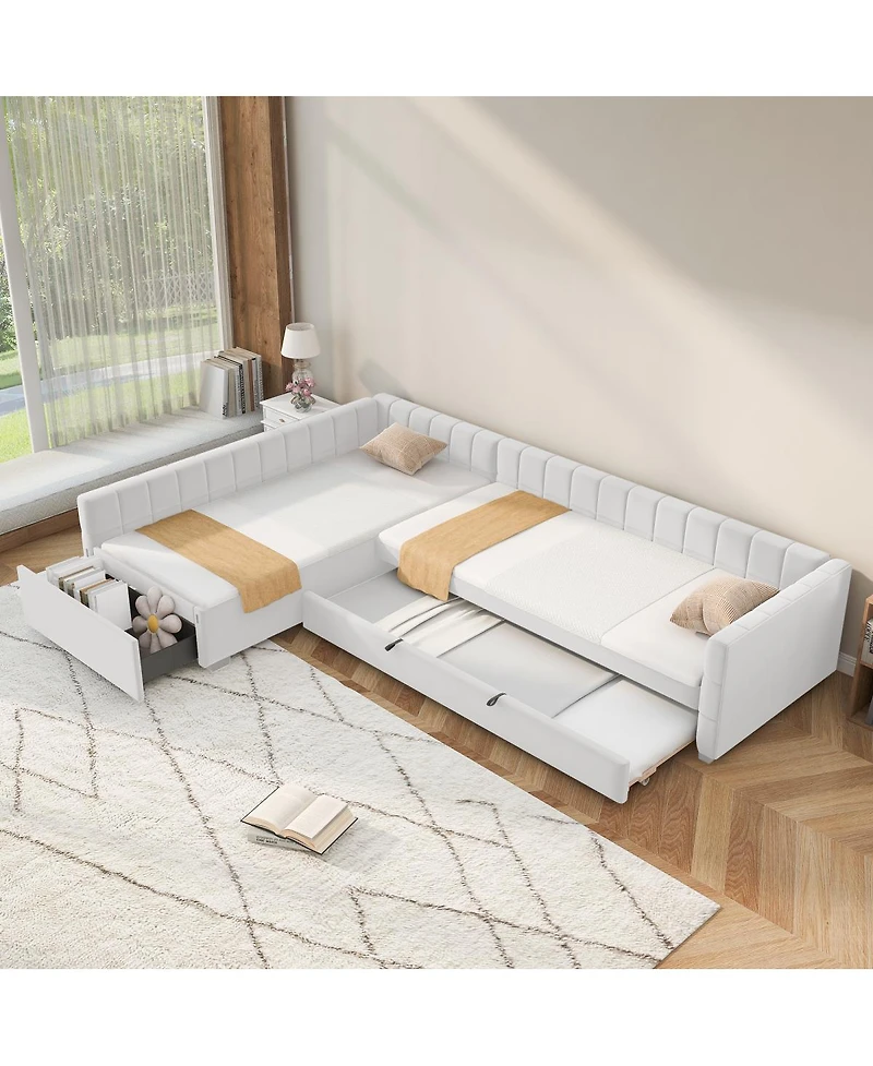 Streamdale Furniture L-Shaped Upholstered Twin Daybed with Trundle and Drawer