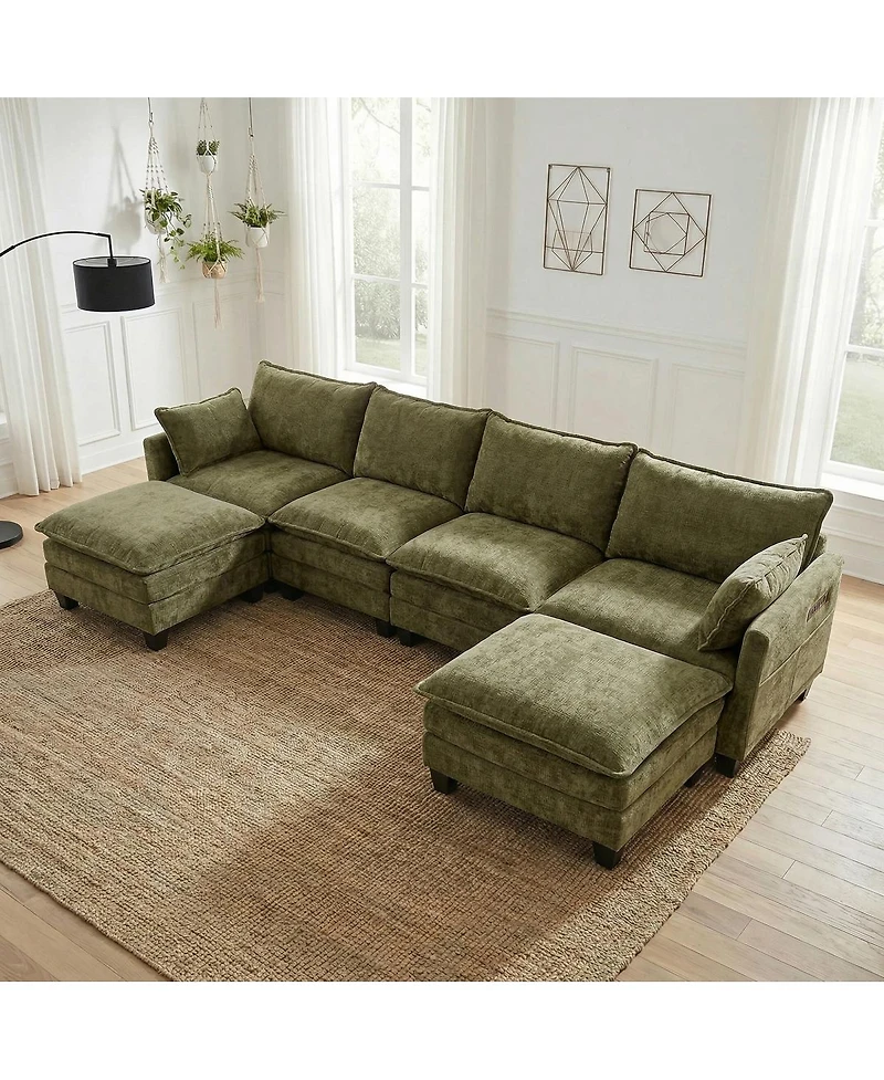 Streamdale Furniture Modern Chenille 3-Seat Sofa with Ottoman, Usb Ports and Side Pockets