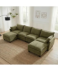 Streamdale Furniture Modern Chenille 3-Seat Sofa with Ottoman, Usb Ports and Side Pockets
