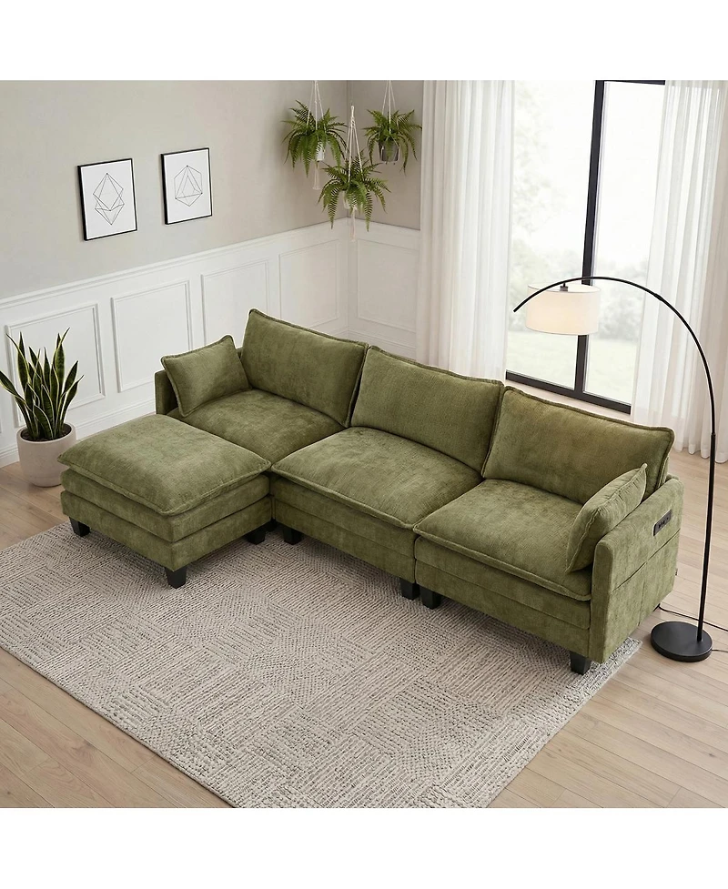Streamdale Furniture Modern Chenille 3-Seat Sofa with Ottoman, Usb Ports and Side Pockets
