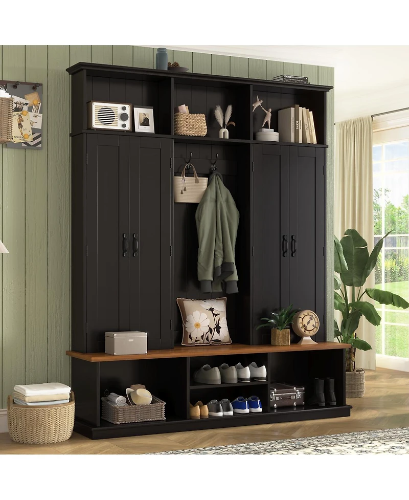 Streamdale Furniture 62.2''W Farmhouse Hall Tree with Bench, Storage Cubbies, Hooks and Cabinets