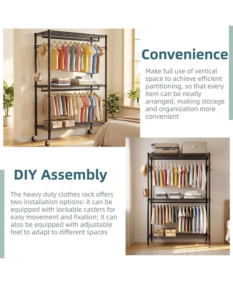 Streamdale Furniture Heavy Duty 3-Tier Rolling Garment Rack with Double Rods and Side Hooks