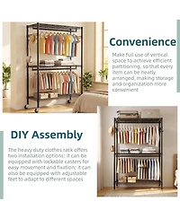 Streamdale Furniture Heavy Duty 3-Tier Rolling Garment Rack with Double Rods and Side Hooks