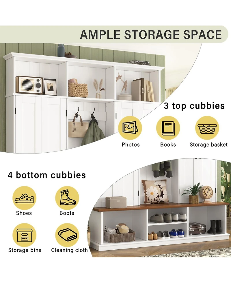 Streamdale Furniture 62.2''W Farmhouse Hall Tree with Bench, Storage Cubbies, Hooks and Cabinets