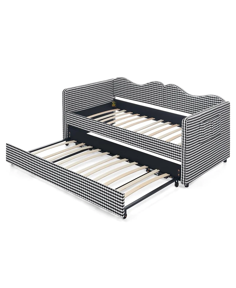 Streamdale Furniture Gingham Upholstered Twin Daybed with Trundle and Side Storage Pocket