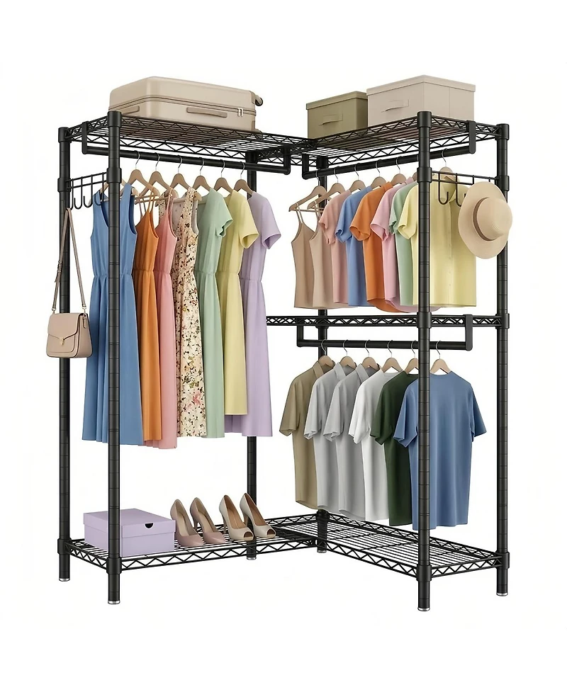 Streamdale Furniture L-Shaped Heavy Duty Corner Garment Rack with 3 Hanging Rods and 2 Hooks