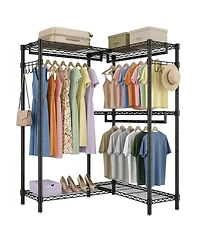 Streamdale Furniture L-Shaped Heavy Duty Corner Garment Rack with 3 Hanging Rods and 2 Hooks