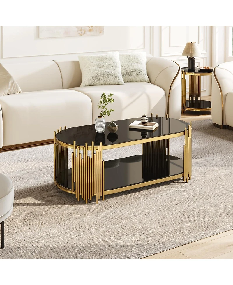 Streamdale Furniture Luxury Gold and Black Glass Oval Coffee Table with Organ Pipe Design