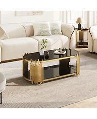 Streamdale Furniture Luxury Gold and Black Glass Oval Coffee Table with Organ Pipe Design