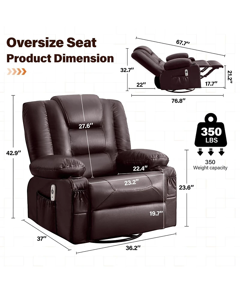Streamdale Furniture Massage and Heat Swivel Rocker Recliner with Cup Holders and Usb