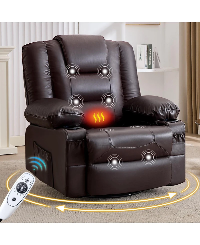 Streamdale Furniture Massage and Heat Swivel Rocker Recliner with Cup Holders and Usb