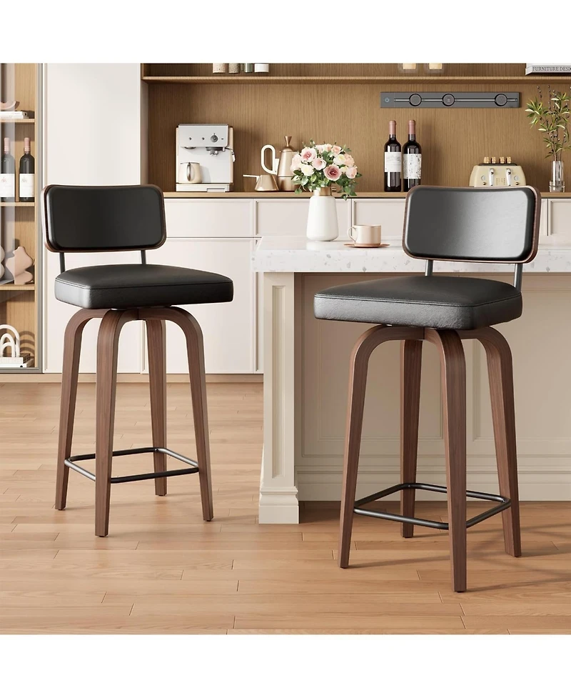 gaomon Swivel Bar Stools Set of 2, 26 Inch Upholstered Counter Height Bar Stools with Back and Walnut Wood Legs