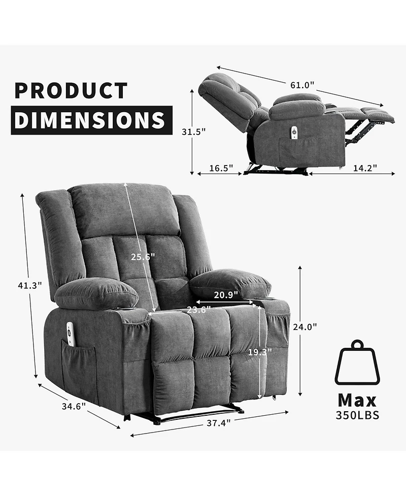 homfan Large Power Recliner with Massage and Heat, 3 Recline Positions, Side Pockets, 2 Cup Holders