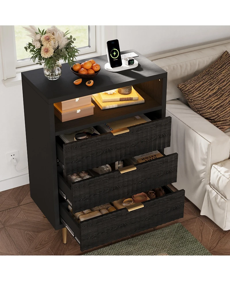 homfan 3 Drawers Dresser 28" Wooden Unit with Led and Charging, Fluted Nightstand Handle, Modern Dressers for Closet, Living Room, Hallway
