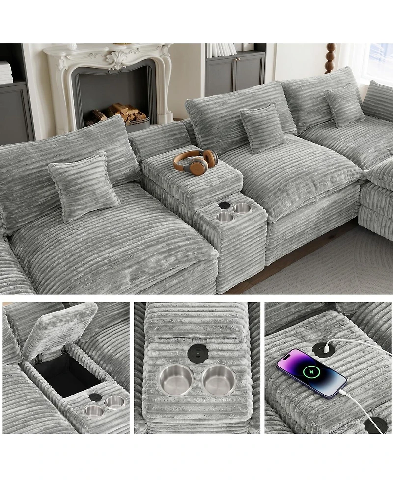 Streamdale Furniture 145" U-Shaped Oversized Corduroy Modular Sectional Sofa with Usb Port