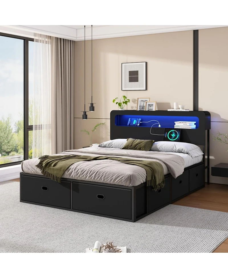Streamdale Furniture Full Size Bed Frame with Led Headboard, Charging Station and 8 Storage Drawers