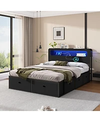 Streamdale Furniture Full Size Bed Frame with Led Headboard, Charging Station and 8 Storage Drawers