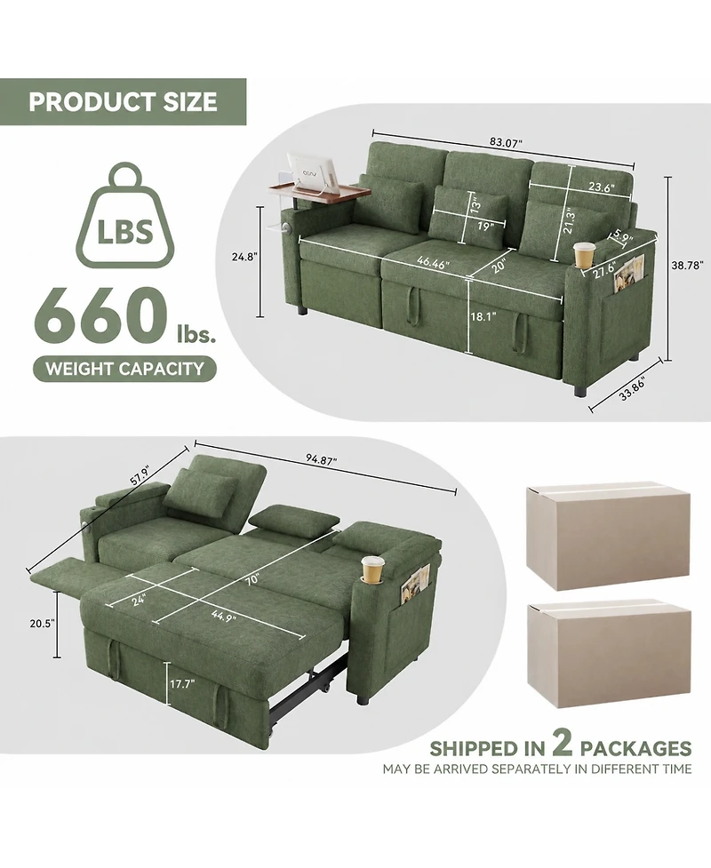 Streamdale Furniture 81" 3-in-1 Foldable Sofa Bed with Usb Ports, Storage Armrests and Table Board