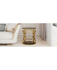 Streamdale Furniture 19.7" Luxury Gold Round Side Table with Tempered Glass Top and Storage Shelf