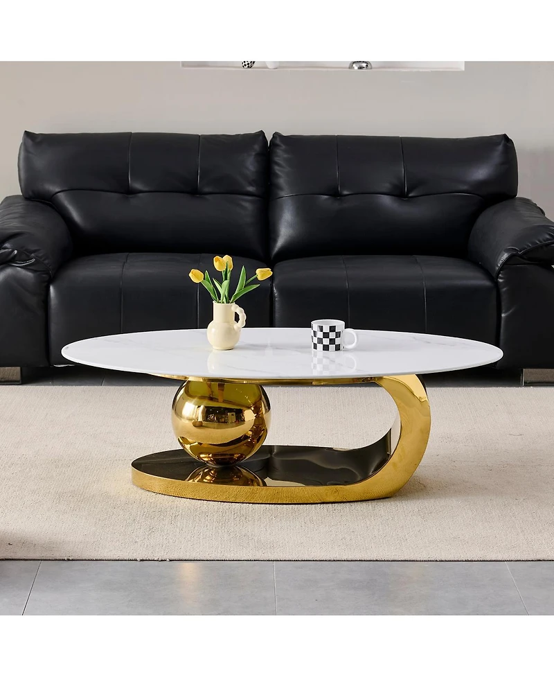 Streamdale Furniture 51.2" Oval Faux Marble Coffee Table with Gold Stainless Steel Base