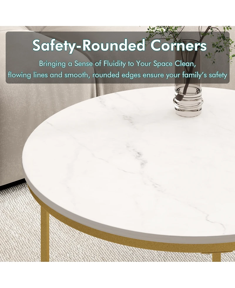 Streamdale Furniture 27.6in Round Nesting Coffee Table Set of 2, Wood Marble Top with Metal Frame