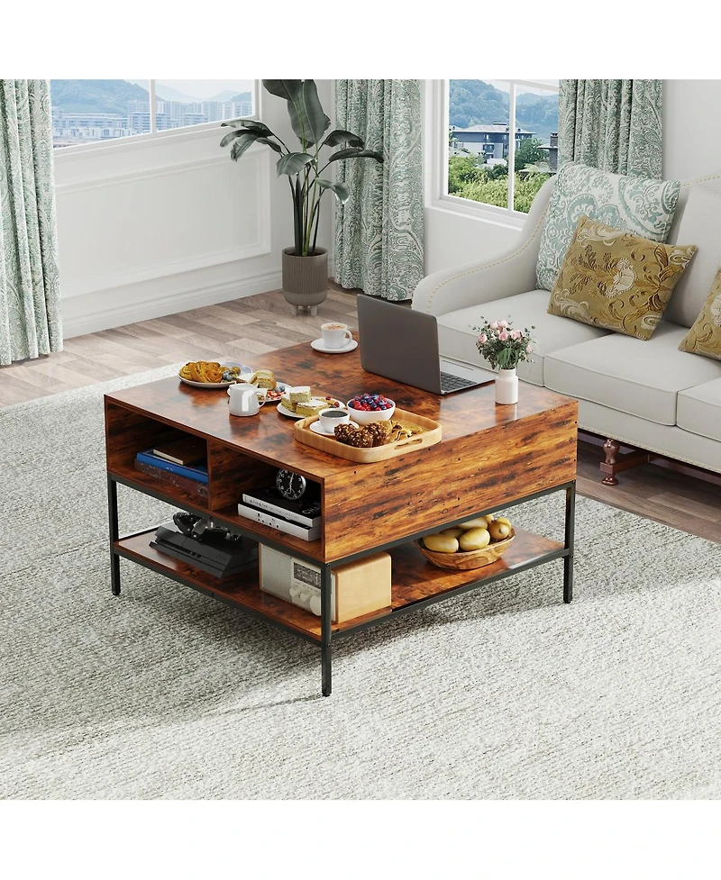 Streamdale Furniture Farmhouse Flip Top Coffee Table with Hidden Storage - 31.5" Rustic Wood