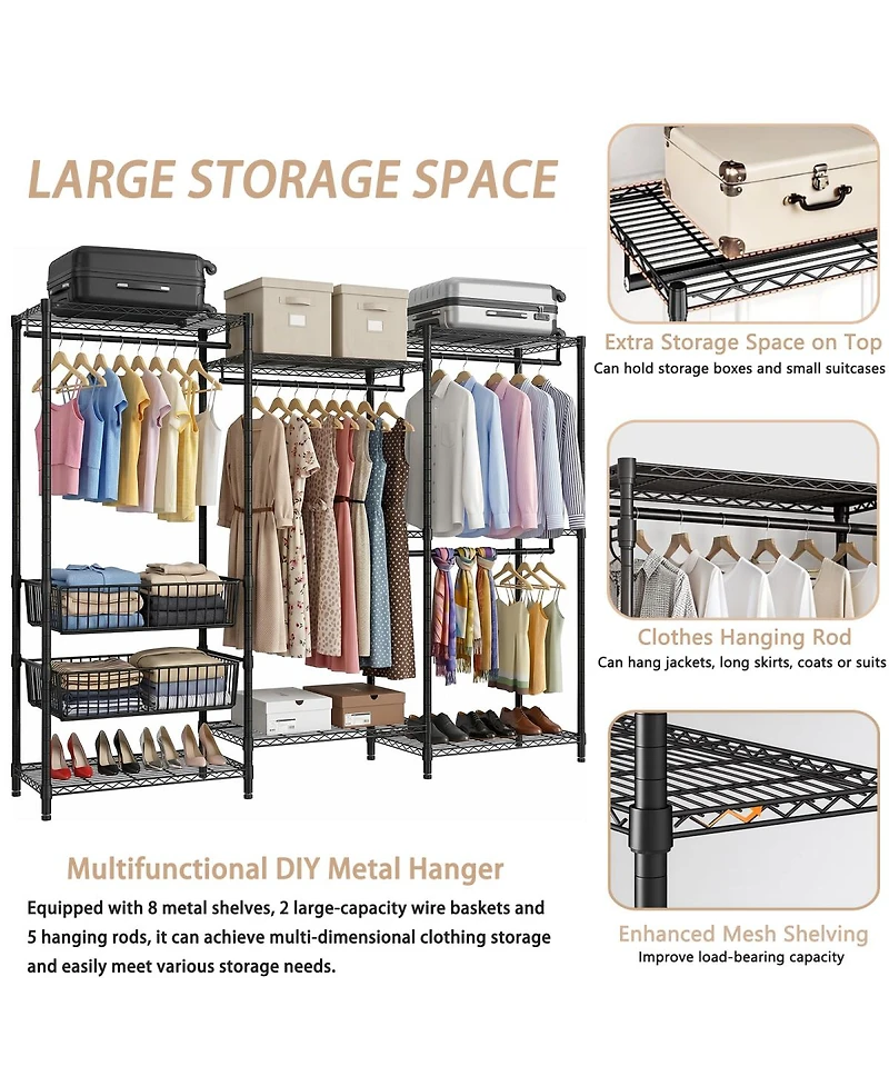 Streamdale Furniture Heavy Duty 4-Rod Freestanding Garment Rack with Shelves and Baskets