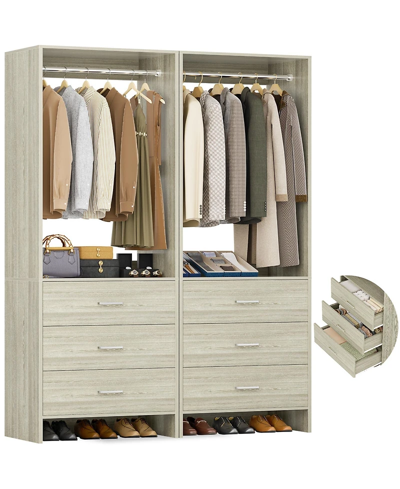 Aheaplus 48-In Closet Organizer System with Wooden Drawers and Hanging Rods
