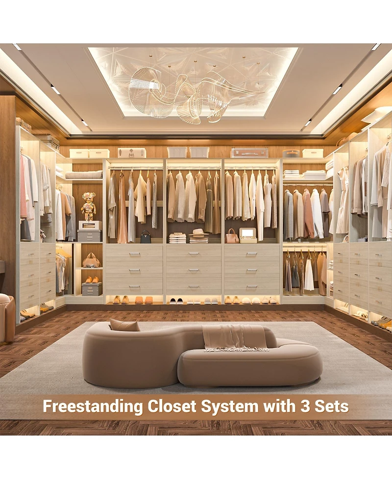 Aheaplus 57-In Corner Closet System Set with Wood Drawers and Hanging Rods