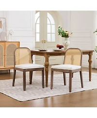 Maison Boucle Set Of 2 Cane Back Dining Chairs, Curved Arched Rattan Back, Chenille Cushion, Armless Mid Century Farmhouse Side Chairs