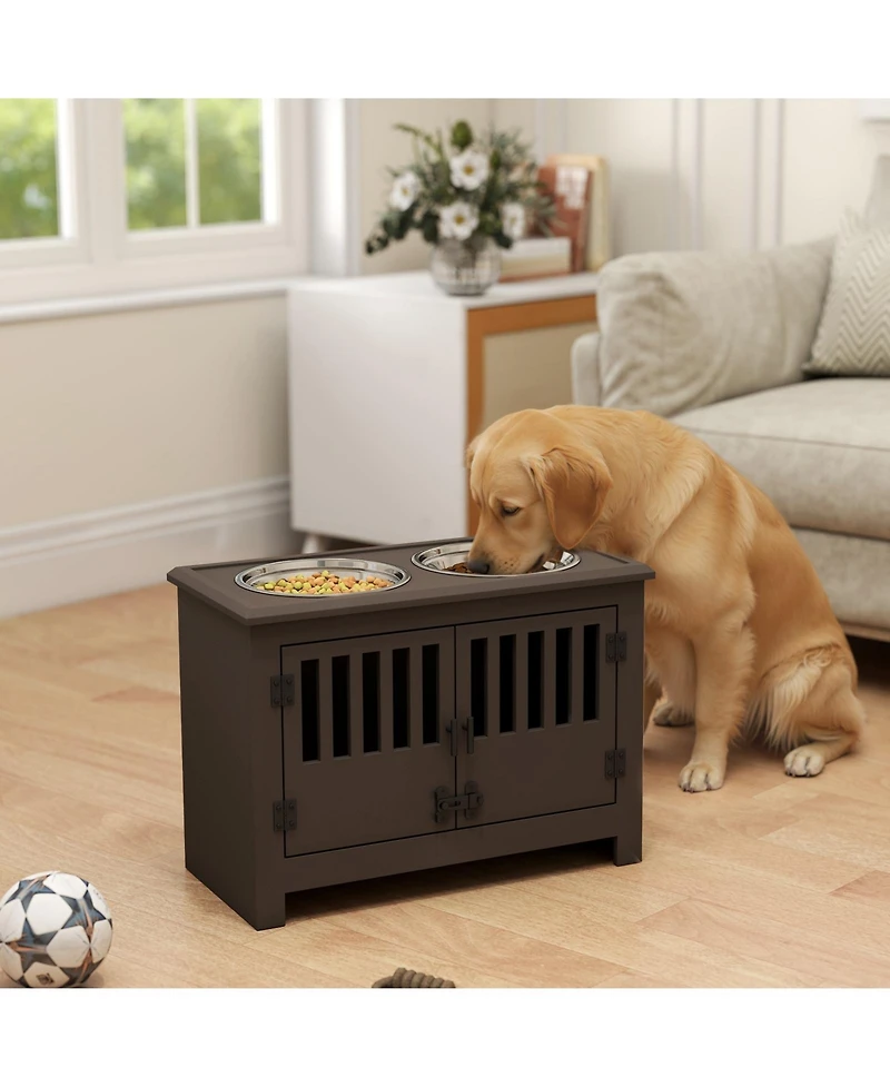Ruie Dog Food Storage Cabinet with Raised Bowls and Latching Doors