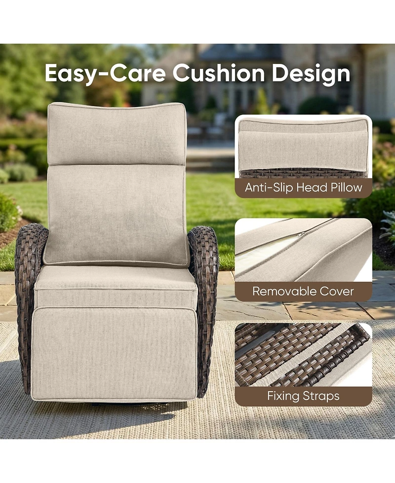 Pocassy 7Pcs Outdoor Swivel Recliner Chair with 50,000 Btu Fire Pit Table Wicker Rattan Bistro Set Tempered Glass Side