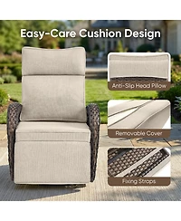 Pocassy 7Pcs Outdoor Swivel Recliner Chair with 50,000 Btu Fire Pit Table Wicker Rattan Bistro Set Tempered Glass Side
