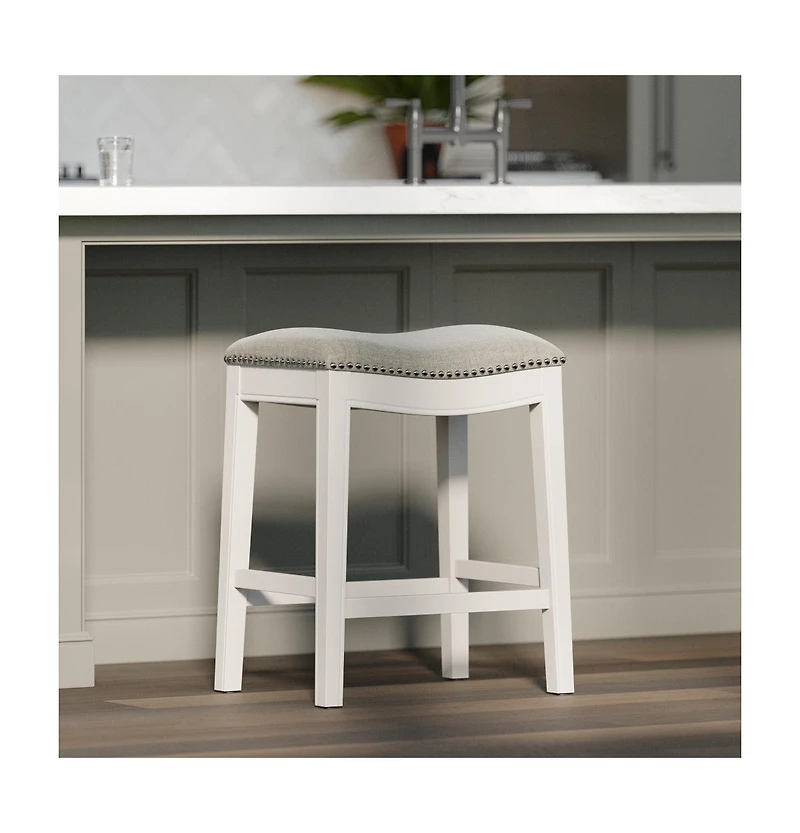 HomeRoots 26" Solid Wood and Linen Blend Backless Counter Height Bar Chair