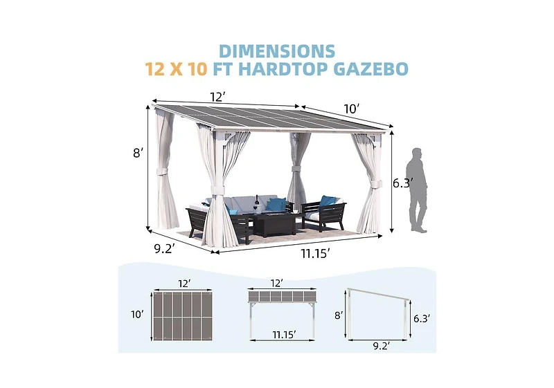 Aecojoy 10' x 10' Wall Mounted Hardtop Gazebo Lean to Metal Pergola with Curtains Netting Patio