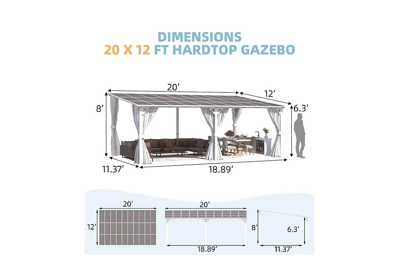 Aecojoy 20' x 12'Wall Mounted Hardtop Gazebo Lean to Metal Pergola with Curtains Netting Patio