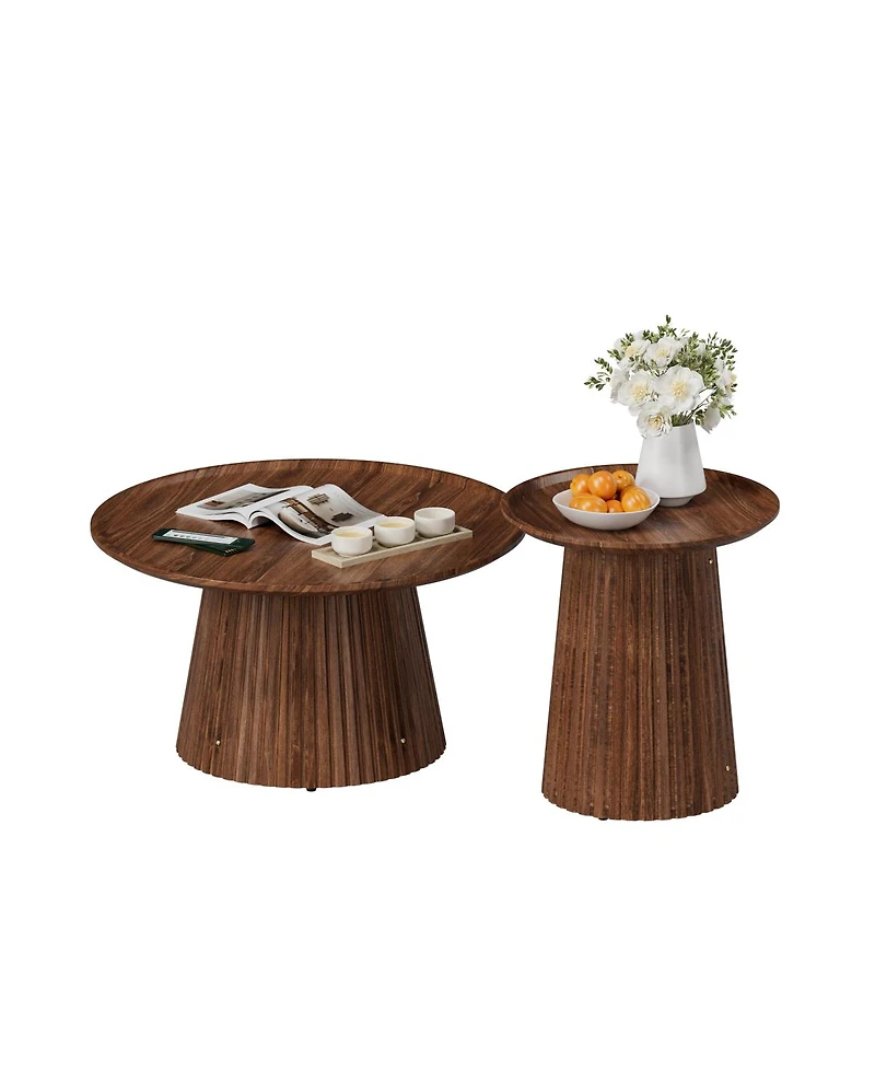 Streamdale Furniture Set of 2 Round Wooden Coffee Tables, Modern Walnut Finish