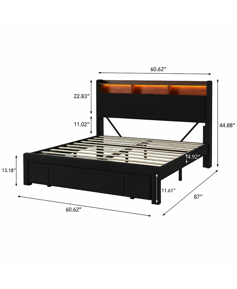 Streamdale Furniture Queen-Size Upholstered Storage Bed with Led, Usb, and Headboard