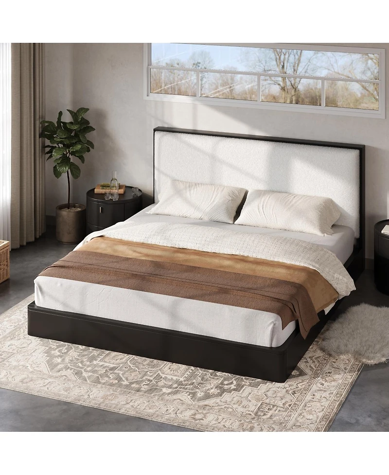 Streamdale Furniture Solid Wood Queen Platform Bed with Boucle Upholstered Headboard