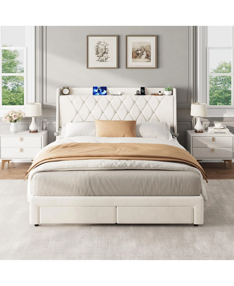 homfan Velvet Upholstered Platform Bed Frame with Crystal Tufted Headboard, 2 Storage Drawers, Built-in Charging, Slat Support