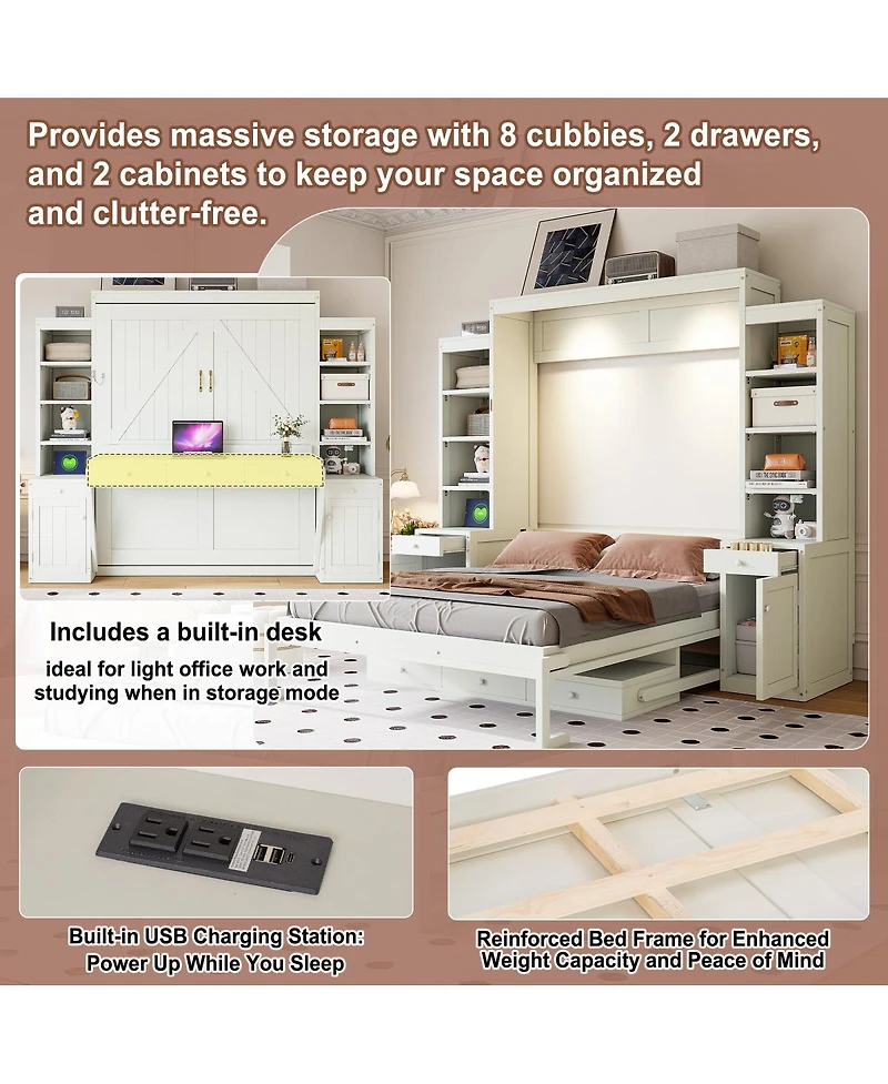 Streamdale Furniture Queen Size Murphy Bed with Desk, Storage Cabinets and Drawers